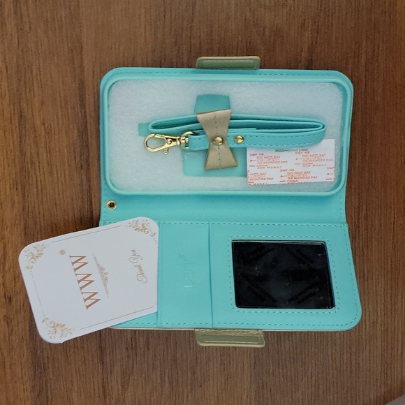 WWW mint green gold iPhone 8 Case 7 plus 8 plus PU wallet card holder strap New - Picture 2 of 5